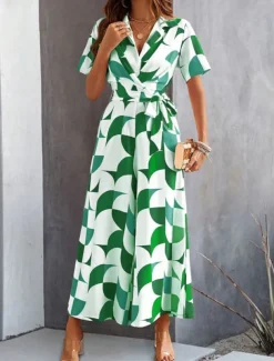 Women's Normal Jumpsuit Active Geometric Short Sleeve Wide Leg Shirt Collar Lace up High Waist Vacation Daily Regular Fit Black Red Green Summer