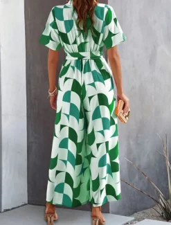 Women's Normal Jumpsuit Active Geometric Short Sleeve Wide Leg Shirt Collar Lace up High Waist Vacation Daily Regular Fit Black Red Green Summer