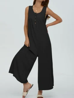 Women's Normal Jumpsuit Active Solid Color Sleeveless U Neck Buttons Pocket Vacation Daily Regular Fit Black Navy Blue Blue Summer