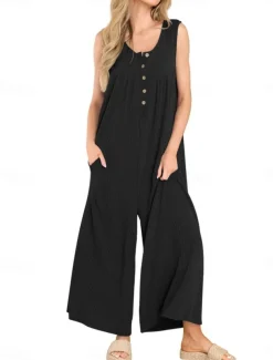 Women's Normal Jumpsuit Active Solid Color Sleeveless U Neck Buttons Pocket Vacation Daily Regular Fit Black Navy Blue Blue Summer