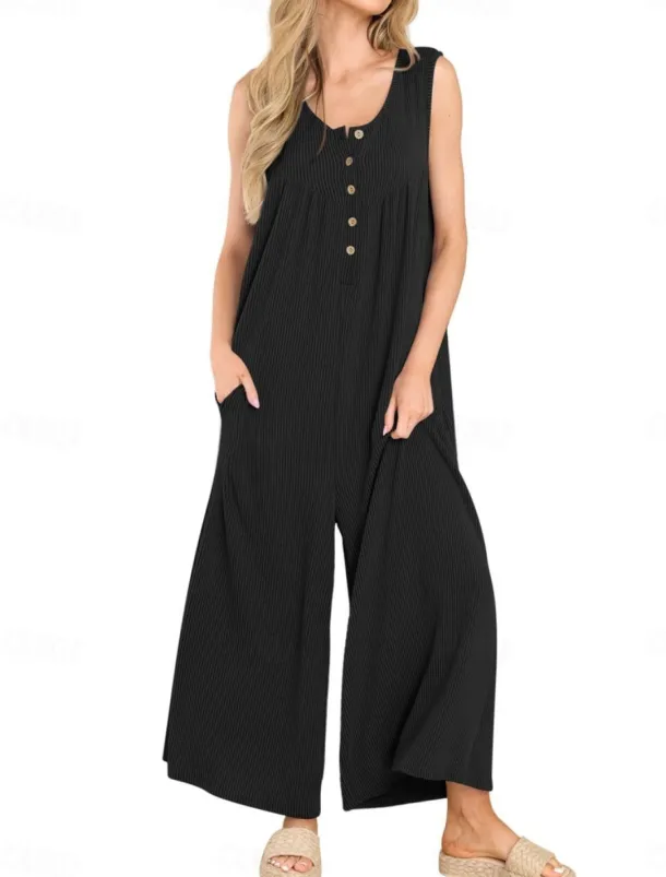 Women's Normal Jumpsuit Active Solid Color Sleeveless U Neck Buttons Pocket Vacation Daily Regular Fit Black Navy Blue Blue Summer