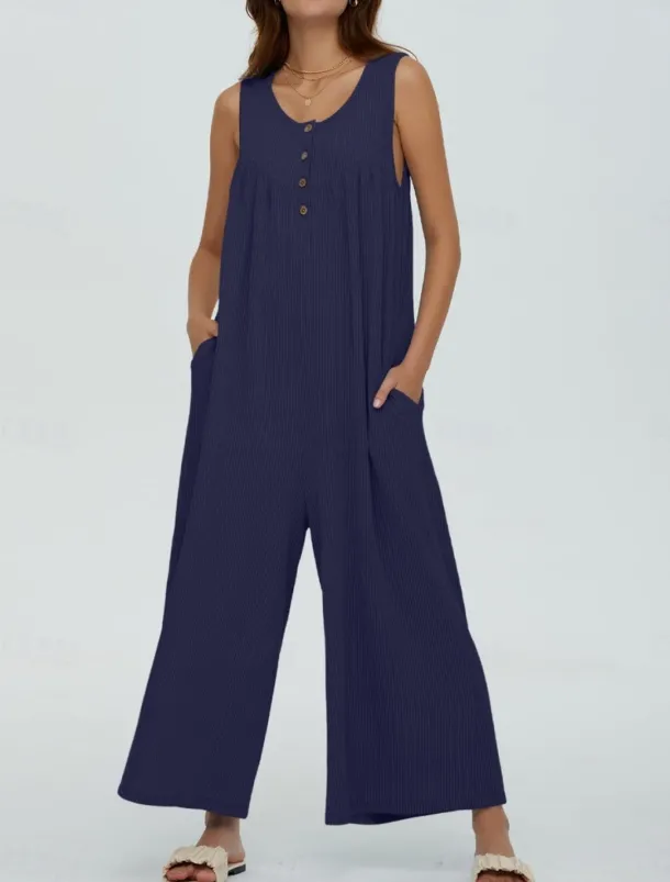 Women's Normal Jumpsuit Active Solid Color Sleeveless U Neck Buttons Pocket Vacation Daily Regular Fit Black Navy Blue Blue Summer