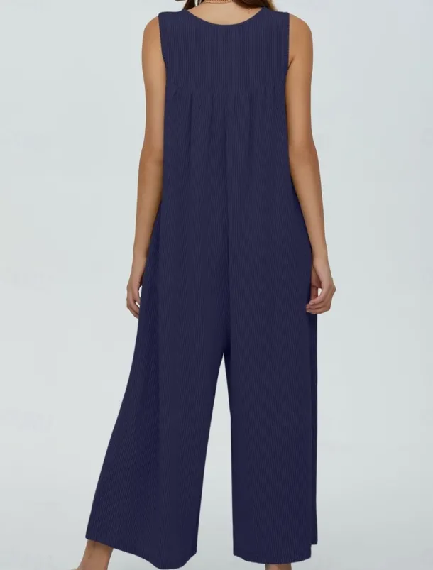 Women's Normal Jumpsuit Active Solid Color Sleeveless U Neck Buttons Pocket Vacation Daily Regular Fit Black Navy Blue Blue Summer