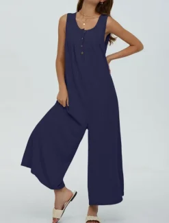 Women's Normal Jumpsuit Active Solid Color Sleeveless U Neck Buttons Pocket Vacation Daily Regular Fit Black Navy Blue Blue Summer