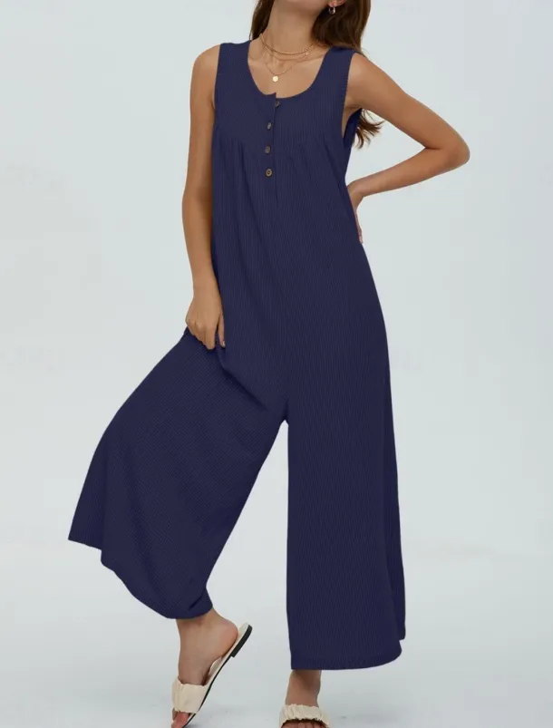 Women's Normal Jumpsuit Active Solid Color Sleeveless U Neck Buttons Pocket Vacation Daily Regular Fit Black Navy Blue Blue Summer