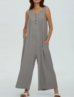 Women's Normal Jumpsuit Active Solid Color Sleeveless U Neck Buttons Pocket Vacation Daily Regular Fit Black Navy Blue Blue Summer
