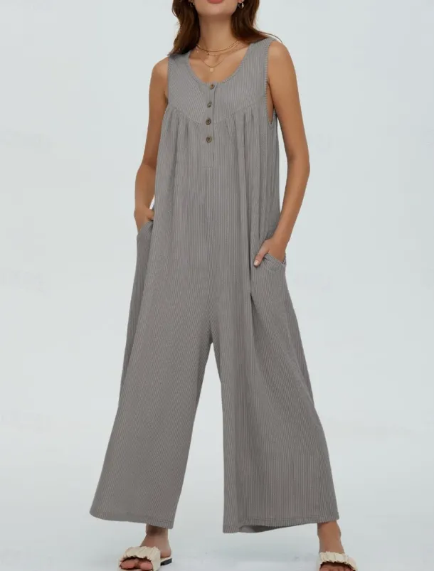 Women's Normal Jumpsuit Active Solid Color Sleeveless U Neck Buttons Pocket Vacation Daily Regular Fit Black Navy Blue Blue Summer
