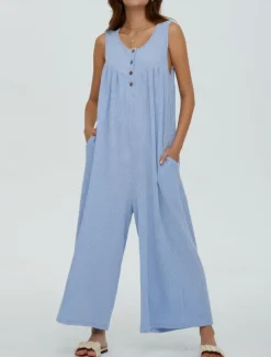 Women's Normal Jumpsuit Active Solid Color Sleeveless U Neck Buttons Pocket Vacation Daily Regular Fit Black Navy Blue Blue Summer