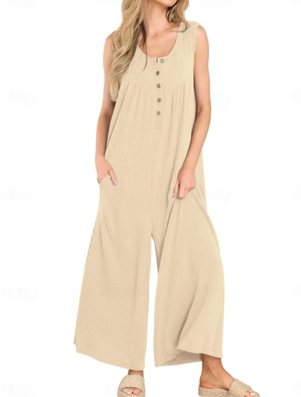 Women's Normal Jumpsuit Active Solid Color Sleeveless U Neck Buttons Pocket Vacation Daily Regular Fit Black Navy Blue Blue Summer