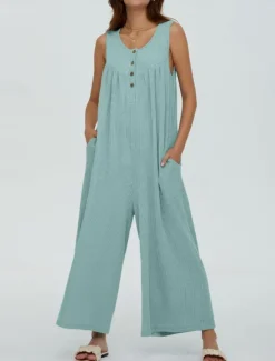 Women's Normal Jumpsuit Active Solid Color Sleeveless U Neck Buttons Pocket Vacation Daily Regular Fit Black Navy Blue Blue Summer