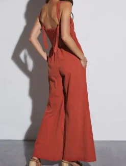 Women's Normal Jumpsuit Active Solid Color Sleeveless V Neck Backless Pocket Vacation Daily Regular Fit Orange Summer