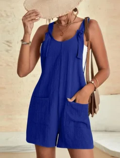 Women's Normal Jumpsuit Basic Solid Color Sleeveless Crew Neck Buttons Pocket Street Daily Regular Fit Black Light Green Pink Summer