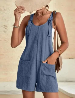 Women's Normal Jumpsuit Basic Solid Color Sleeveless Crew Neck Buttons Pocket Street Daily Regular Fit Black Light Green Pink Summer