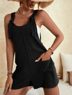 Women's Normal Jumpsuit Basic Solid Color Sleeveless Crew Neck Buttons Pocket Street Daily Regular Fit Black Light Green Pink Summer