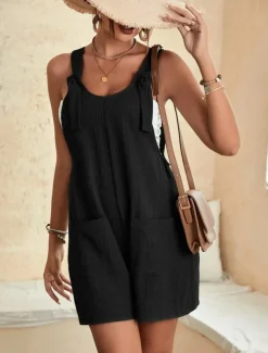 Women's Normal Jumpsuit Basic Solid Color Sleeveless Crew Neck Buttons Pocket Street Daily Regular Fit Black Light Green Pink Summer