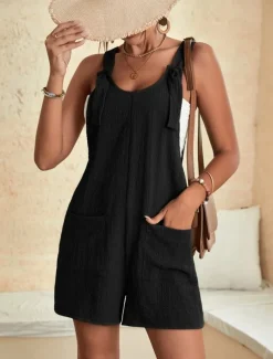 Women's Normal Jumpsuit Basic Solid Color Sleeveless Crew Neck Buttons Pocket Street Daily Regular Fit Black Light Green Pink Summer