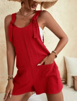 Women's Normal Jumpsuit Basic Solid Color Sleeveless Crew Neck Buttons Pocket Street Daily Regular Fit Black Light Green Pink Summer