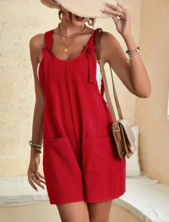 Women's Normal Jumpsuit Basic Solid Color Sleeveless Crew Neck Buttons Pocket Street Daily Regular Fit Black Light Green Pink Summer