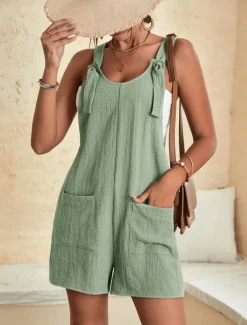 Women's Normal Jumpsuit Basic Solid Color Sleeveless Crew Neck Buttons Pocket Street Daily Regular Fit Black Light Green Pink Summer