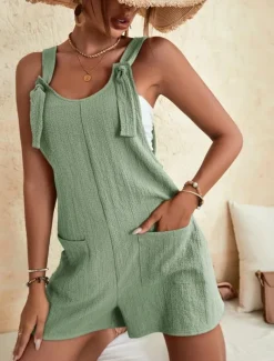 Women's Normal Jumpsuit Basic Solid Color Sleeveless Crew Neck Buttons Pocket Street Daily Regular Fit Black Light Green Pink Summer