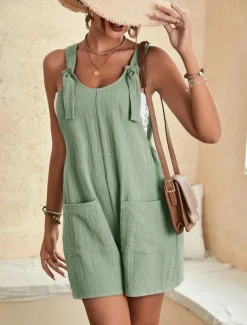 Women's Normal Jumpsuit Basic Solid Color Sleeveless Crew Neck Buttons Pocket Street Daily Regular Fit Black Light Green Pink Summer