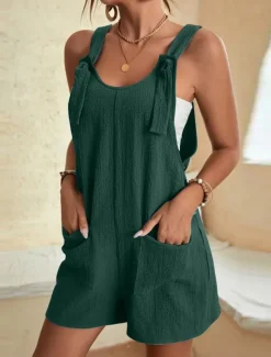 Women's Normal Jumpsuit Basic Solid Color Sleeveless Crew Neck Buttons Pocket Street Daily Regular Fit Black Light Green Pink Summer