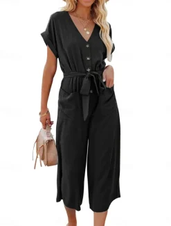 Women's Normal Jumpsuit Basic Solid Color Short Sleeve Shirt Collar Lace up Buttons Street Daily Regular Fit Black Army Green Khaki Summer