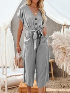 Women's Normal Jumpsuit Basic Solid Color Short Sleeve Shirt Collar Lace up Buttons Street Daily Regular Fit Black Army Green Khaki Summer