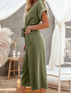 Women's Normal Jumpsuit Basic Solid Color Short Sleeve Shirt Collar Lace up Buttons Street Daily Regular Fit Black Army Green Khaki Summer