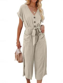 Women's Normal Jumpsuit Basic Solid Color Short Sleeve Shirt Collar Lace up Buttons Street Daily Regular Fit Black Army Green Khaki Summer