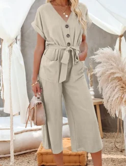 Women's Normal Jumpsuit Basic Solid Color Short Sleeve Shirt Collar Lace up Buttons Street Daily Regular Fit Black Army Green Khaki Summer