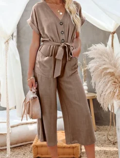 Women's Normal Jumpsuit Basic Solid Color Short Sleeve Shirt Collar Lace up Buttons Street Daily Regular Fit Black Army Green Khaki Summer