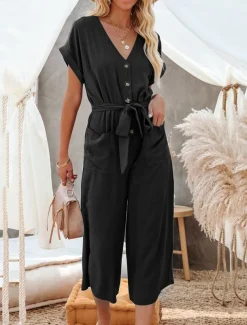 Women's Normal Jumpsuit Basic Solid Color Short Sleeve Shirt Collar Lace up Buttons Street Daily Regular Fit Black Army Green Khaki Summer