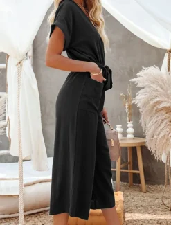 Women's Normal Jumpsuit Basic Solid Color Short Sleeve Shirt Collar Lace up Buttons Street Daily Regular Fit Black Army Green Khaki Summer