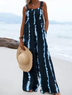Women's Normal Jumpsuit Dungarees Casual Tie Dye Sleeveless Square Neck Pocket Print Street Daily Regular Fit Black Pink Blue Summer