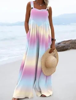 Women's Normal Jumpsuit Dungarees Casual Tie Dye Sleeveless Square Neck Pocket Print Street Daily Regular Fit Black Pink Blue Summer