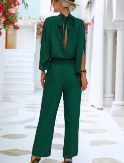 Women's Normal Jumpsuit Elegant Solid Color 3/4 Length Sleeve Batwing Sleeve Wide Leg Turtleneck Pleated Work Loose Fit Black Green Summer