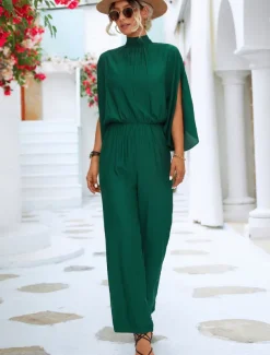 Women's Normal Jumpsuit Elegant Solid Color 3/4 Length Sleeve Batwing Sleeve Wide Leg Turtleneck Pleated Work Loose Fit Black Green Summer