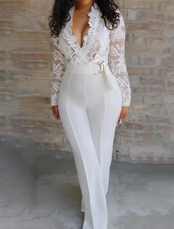 Women's Normal Jumpsuit Elegant Solid Color Long Sleeve V Neck Lace High Waist Wedding Party Regular Fit White Summer