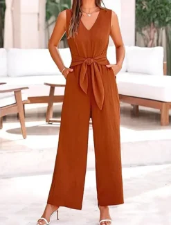 Women's Normal Jumpsuit Elegant Solid Color Sleeveless V Neck Lace up Pocket Office Business Regular Fit Black Wine Army Green Summer