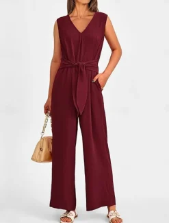 Women's Normal Jumpsuit Elegant Solid Color Sleeveless V Neck Lace up Pocket Office Business Regular Fit Black Wine Army Green Summer