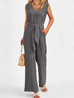 Women's Normal Jumpsuit Elegant Solid Color Sleeveless V Neck Lace up Pocket Office Business Regular Fit Black Wine Army Green Summer