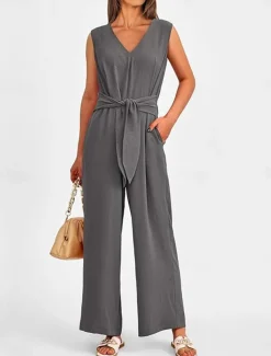 Women's Normal Jumpsuit Elegant Solid Color Sleeveless V Neck Lace up Pocket Office Business Regular Fit Black Wine Army Green Summer