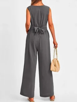 Women's Normal Jumpsuit Elegant Solid Color Sleeveless V Neck Lace up Pocket Office Business Regular Fit Black Wine Army Green Summer