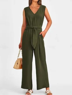 Women's Normal Jumpsuit Elegant Solid Color Sleeveless V Neck Lace up Pocket Office Business Regular Fit Black Wine Army Green Summer