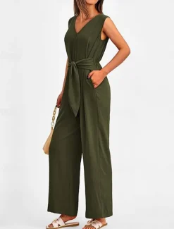 Women's Normal Jumpsuit Elegant Solid Color Sleeveless V Neck Lace up Pocket Office Business Regular Fit Black Wine Army Green Summer