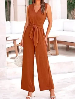 Women's Normal Jumpsuit Elegant Solid Color Sleeveless V Neck Lace up Pocket Office Business Regular Fit Black Wine Army Green Summer