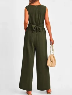 Women's Normal Jumpsuit Elegant Solid Color Sleeveless V Neck Lace up Pocket Office Business Regular Fit Black Wine Army Green Summer