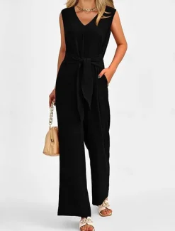 Women's Normal Jumpsuit Elegant Solid Color Sleeveless V Neck Lace up Pocket Office Business Regular Fit Black Wine Army Green Summer
