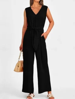 Women's Normal Jumpsuit Elegant Solid Color Sleeveless V Neck Lace up Pocket Office Business Regular Fit Black Wine Army Green Summer